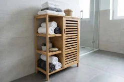 Massivholz Regal ZEN-BO 90cm natur Bambus mit Lamellentür