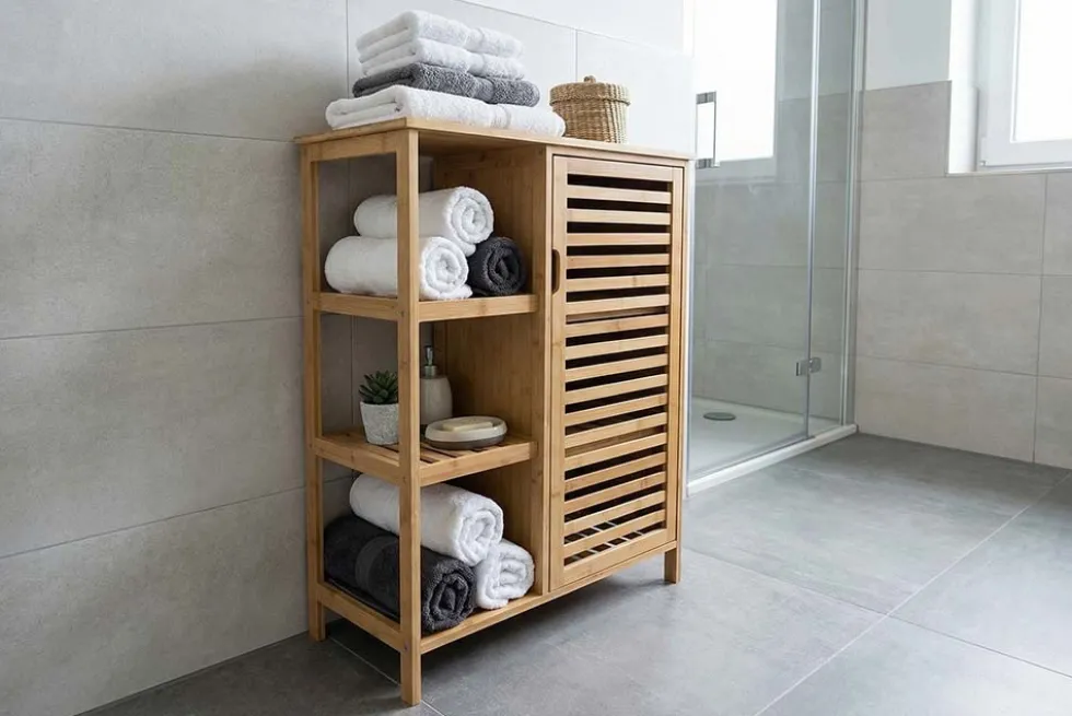 Massivholz Regal ZEN-BO 90cm natur Bambus mit Lamellentür