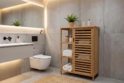 Massivholz Regal ZEN-BO 90cm natur Bambus mit Lamellentür