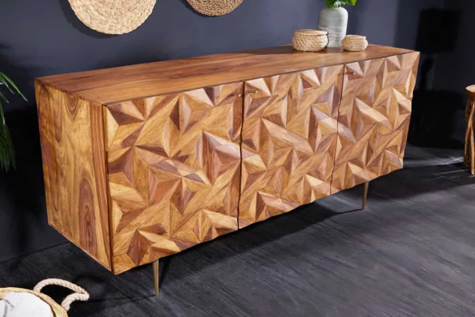 Massivholz Sideboard ALPINE 145cm braun Sheesham stone finish Metall matt gold