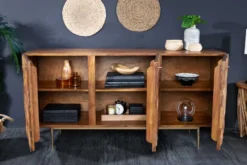 Massivholz Sideboard ALPINE 145cm braun Sheesham stone finish Metall matt gold