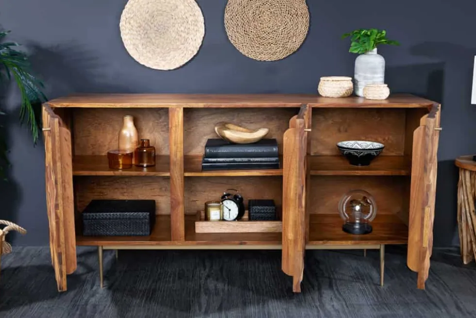 Massivholz Sideboard ALPINE 145cm braun Sheesham stone finish Metall matt gold