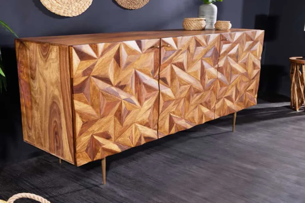 Massivholz Sideboard ALPINE 145cm braun Sheesham stone finish Metall matt gold