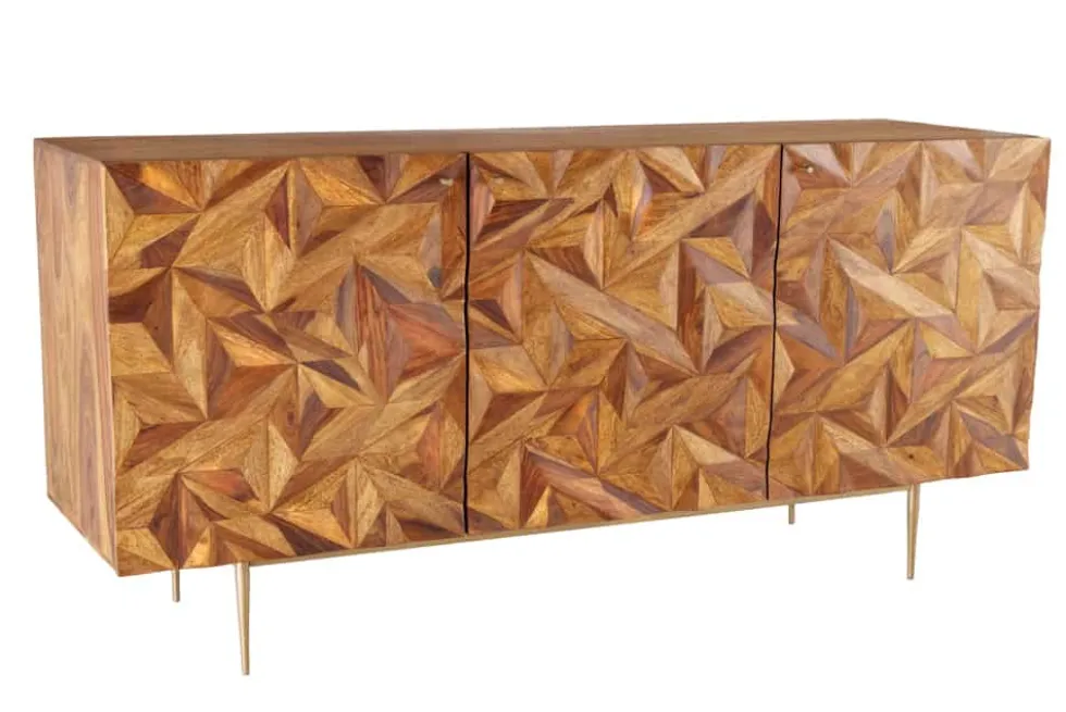 Massivholz Sideboard ALPINE 145cm braun Sheesham stone finish Metall matt gold