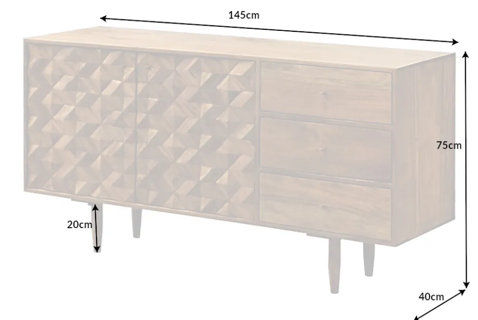 Massivholz Sideboard ALPINE 145cm Akazie honey finish Kommode mit Schubladen Retro Design