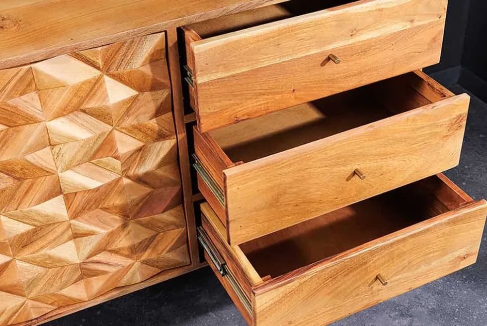 Massivholz Sideboard ALPINE 145cm Akazie honey finish Kommode mit Schubladen Retro Design