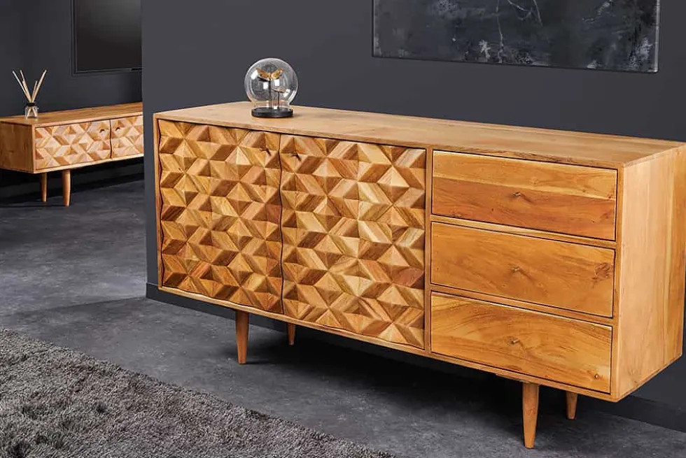 Massivholz Sideboard ALPINE 145cm Akazie honey finish Kommode mit Schubladen Retro Design