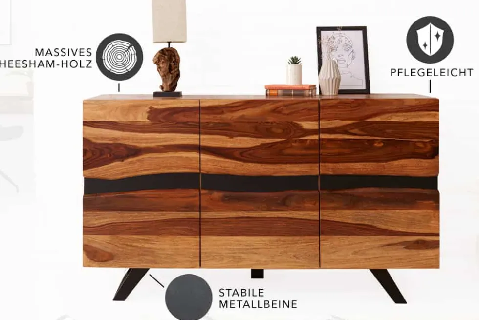 Massivholz Sideboard AMAZONAS 150cm braun Sheesham Baumkante schwarzes Metallgestell