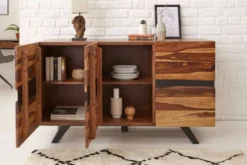 Massivholz Sideboard AMAZONAS 150cm braun Sheesham Baumkante schwarzes Metallgestell