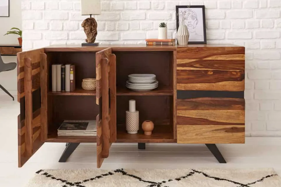Massivholz Sideboard AMAZONAS 150cm braun Sheesham Baumkante schwarzes Metallgestell