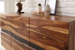 Massivholz Sideboard AMAZONAS 150cm braun Sheesham Baumkante schwarzes Metallgestell