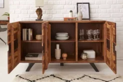 Massivholz Sideboard AMAZONAS 150cm braun Sheesham Baumkante schwarzes Metallgestell