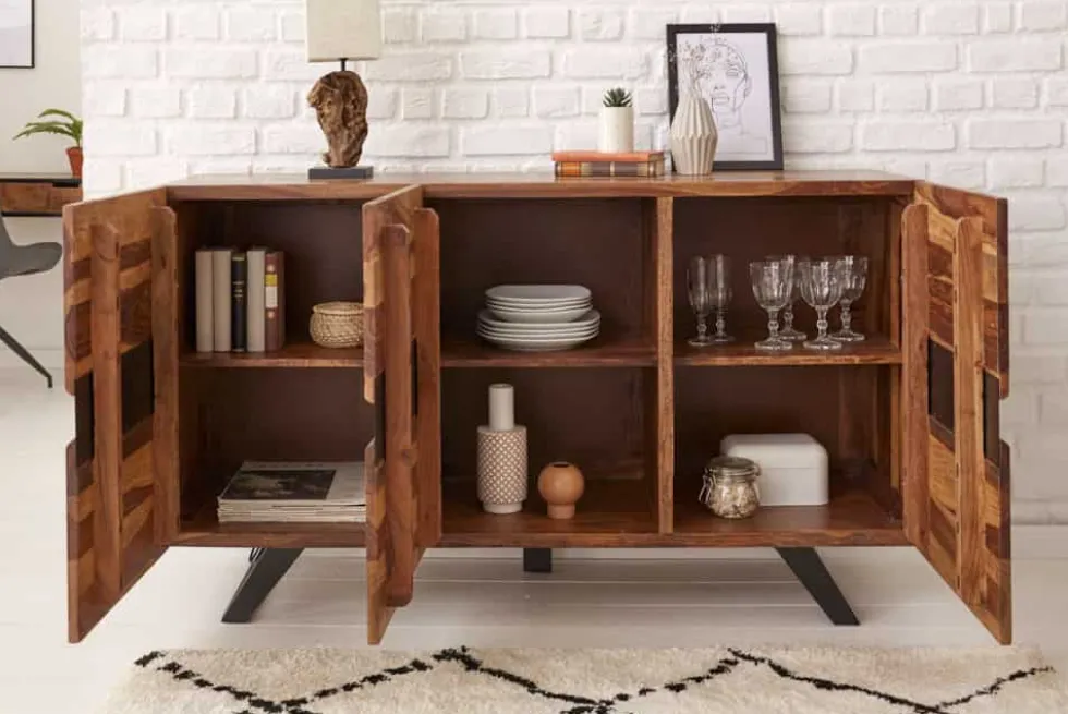 Massivholz Sideboard AMAZONAS 150cm braun Sheesham Baumkante schwarzes Metallgestell