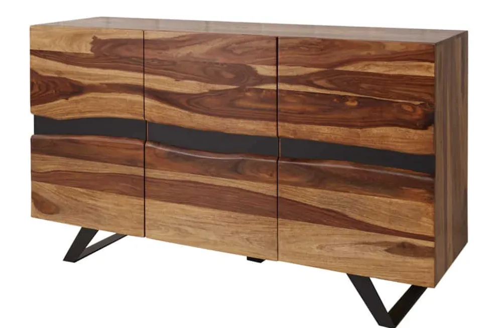 Massivholz Sideboard AMAZONAS 150cm braun Sheesham Baumkante schwarzes Metallgestell