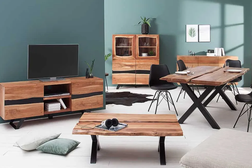 Massivholz Sideboard AMAZONAS 150cm Akazie natur Metall schwarz Baumkante