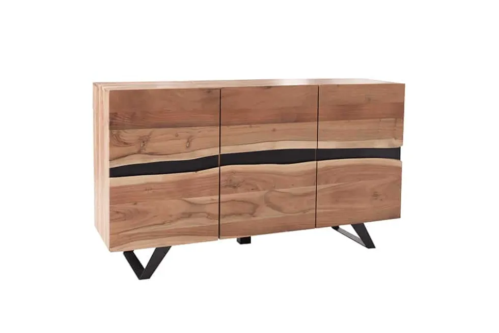 Massivholz Sideboard AMAZONAS 150cm Akazie natur Metall schwarz Baumkante