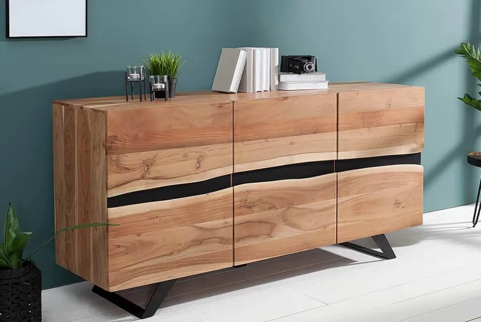 Massivholz Sideboard AMAZONAS 150cm Akazie natur Metall schwarz Baumkante