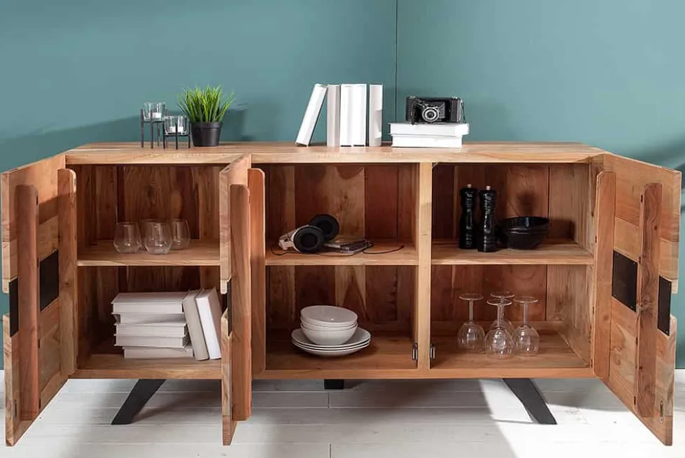 Massivholz Sideboard AMAZONAS 150cm Akazie natur Metall schwarz Baumkante