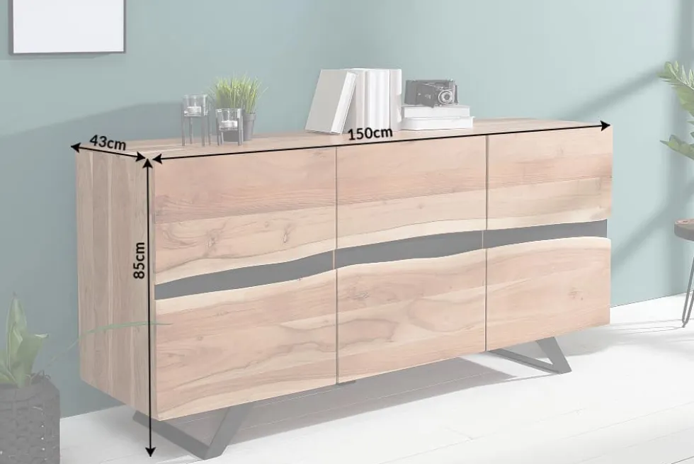 Massivholz Sideboard AMAZONAS 150cm Akazie natur Metall schwarz Baumkante