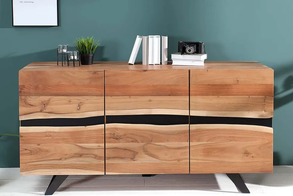 Massivholz Sideboard AMAZONAS 150cm Akazie natur Metall schwarz Baumkante