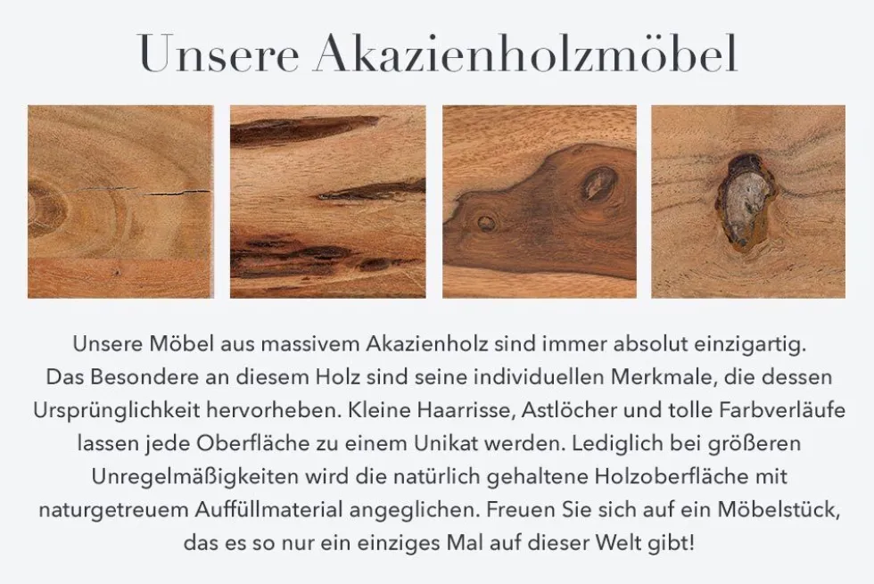 Massivholz Sideboard AMAZONAS 150cm Akazie natur Metall schwarz Baumkante
