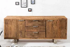 Massivholz Sideboard BARRACUDA 160cm Teak antik Kommode mit Schubladen Stahl Kufenfüßen