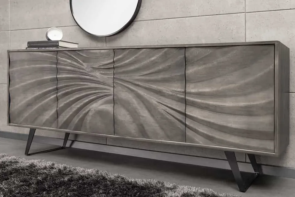 Massivholz Sideboard HURRICANE 175cm grau Akazie 3D-Design