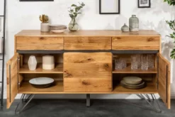 Massivholz Sideboard LIVING EDGE 160cm Wildeiche Metall schwarz Baumkante mit Schubladen