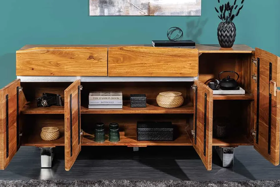 Massivholz Sideboard MAMMUT 170cm Akazie Baumkante mit Schubladen Kufengestell Edelstahl