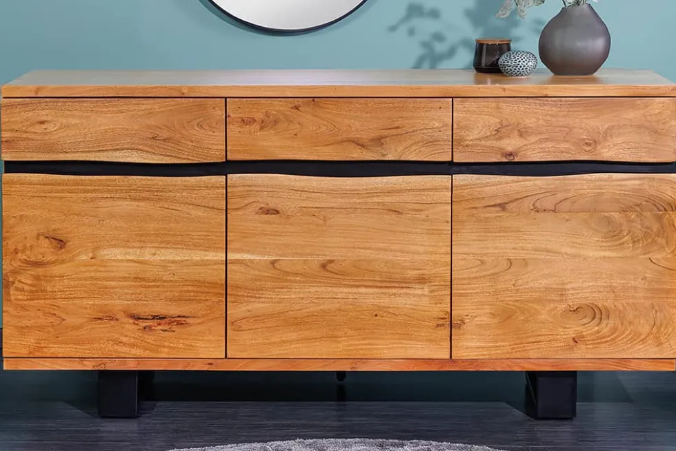 Massivholz Sideboard MAMMUT 160cm Akazie honey finish Metall Baumkante mit Schubladen