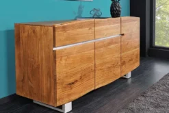 Massivholz Sideboard MAMMUT 135cm Akazie Kommode mit Schubladen Baumkante Edelstahl