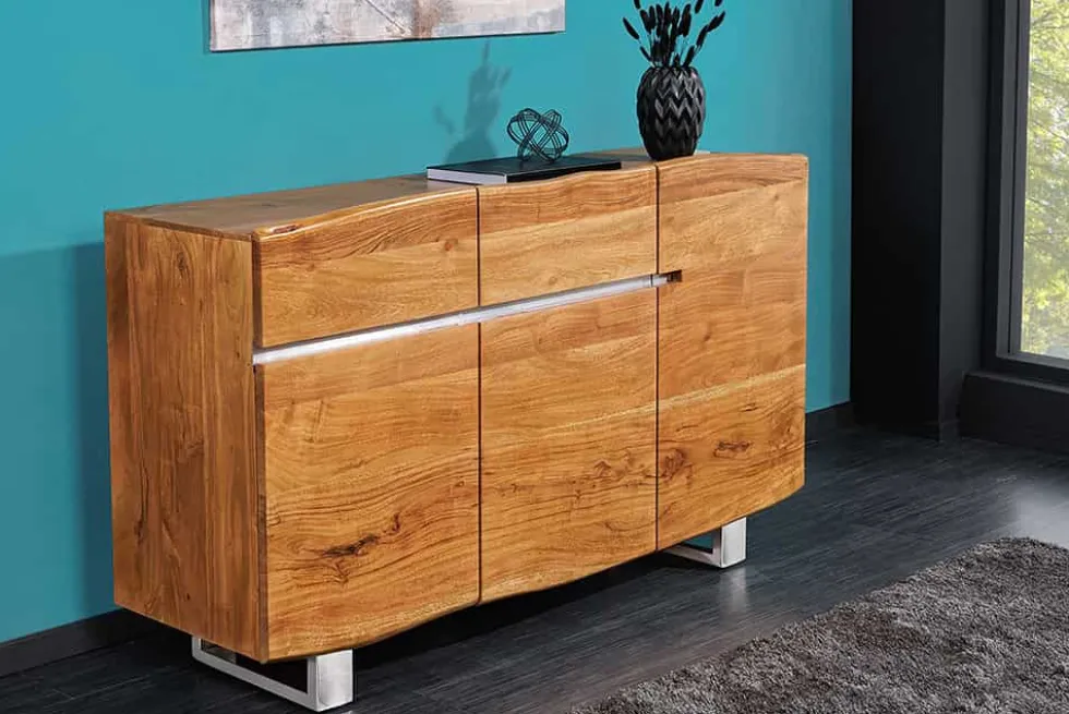Massivholz Sideboard MAMMUT 135cm Akazie Kommode mit Schubladen Baumkante Edelstahl