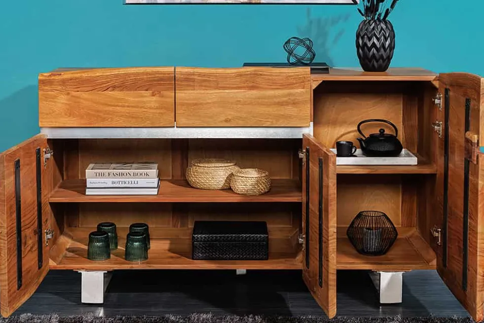 Massivholz Sideboard MAMMUT 135cm Akazie Kommode mit Schubladen Baumkante Edelstahl