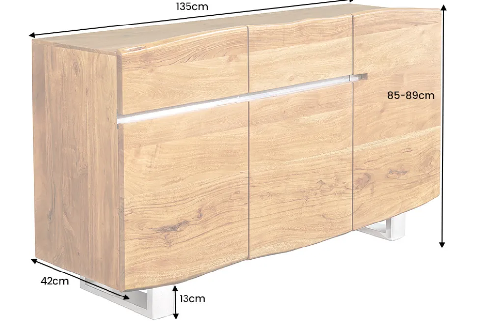 Massivholz Sideboard MAMMUT 135cm Akazie Kommode mit Schubladen Baumkante Edelstahl