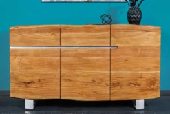 Massivholz Sideboard MAMMUT 135cm Akazie Kommode mit Schubladen Baumkante Edelstahl