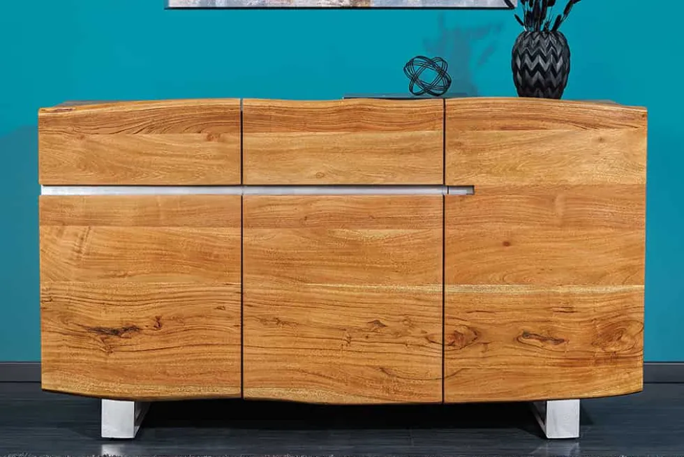 Massivholz Sideboard MAMMUT 135cm Akazie Kommode mit Schubladen Baumkante Edelstahl
