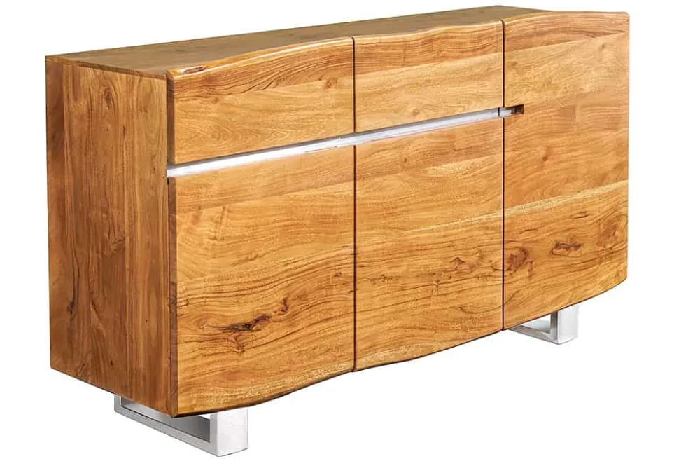 Massivholz Sideboard MAMMUT 135cm Akazie Kommode mit Schubladen Baumkante Edelstahl