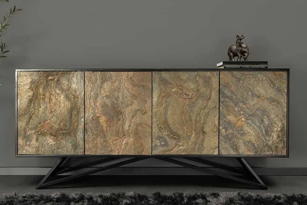 Massivholz Sideboard MOUNTAIN SOUL 175cm grau grün Naturstein Akazie schwarz