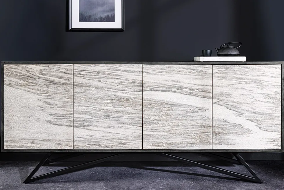 Massivholz Sideboard MOUNTAIN SOUL 175cm weiß schwarz Akazie echter Naturstein