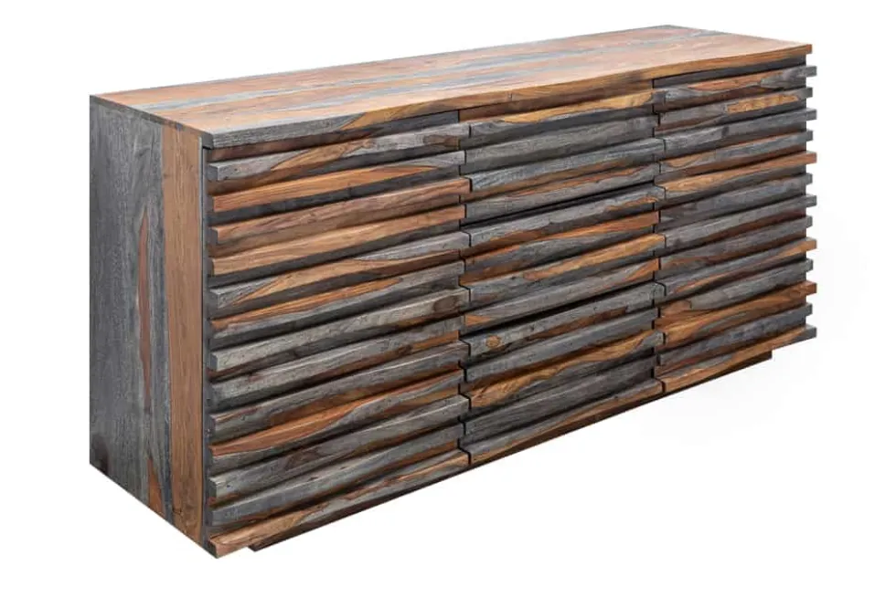 Massivholz Sideboard RELIEF 160cm Sheesham grau smoke finish Kommode mit Schubladen