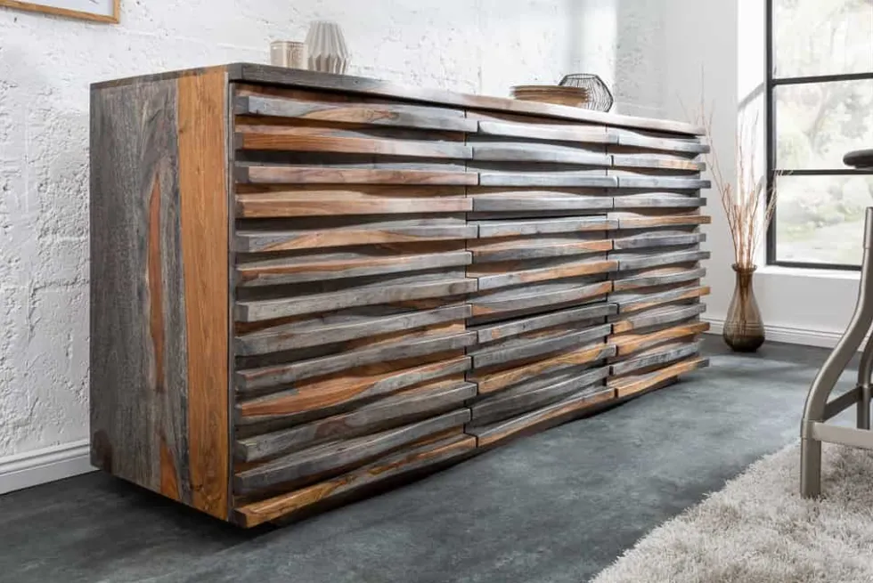 Massivholz Sideboard RELIEF 160cm Sheesham grau smoke finish Kommode mit Schubladen