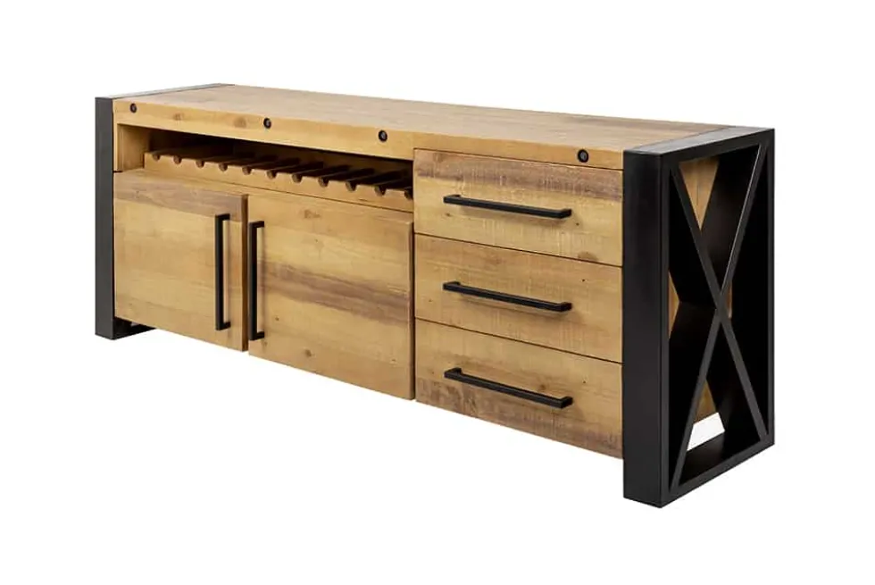 Massivholz Sideboard THOR 195cm braun Pinie mit Schubladen Weinregal Industrial Design