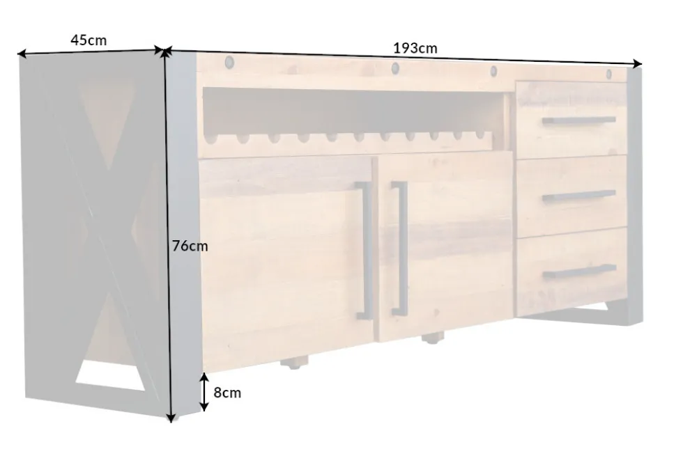 Massivholz Sideboard THOR 195cm braun Pinie mit Schubladen Weinregal Industrial Design