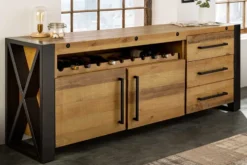 Massivholz Sideboard THOR 195cm braun Pinie mit Schubladen Weinregal Industrial Design