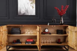 Massivholz Sideboard VULCANO 180cm braun Mangoholz mit 3D Schnitzereien handmade Metallgestell schwarz