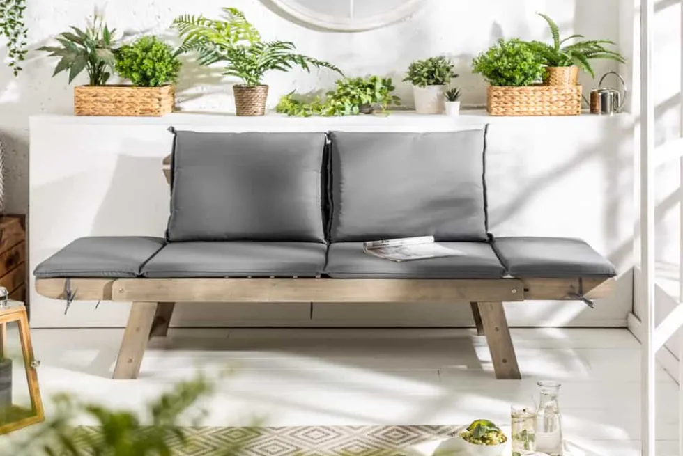 Massivholz Sitzbank MODULAR 155-190cm grau Akazie inkl. Kissen Gartenbank klappbar