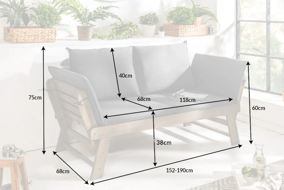 Massivholz Sitzbank MODULAR 155-190cm grau Akazie inkl. Kissen Gartenbank klappbar