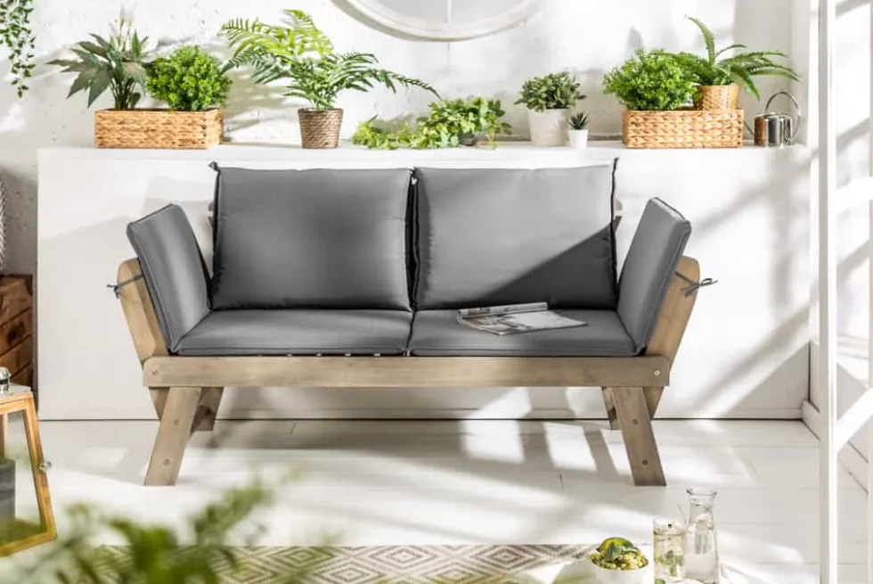 Massivholz Sitzbank MODULAR 155-190cm grau Akazie inkl. Kissen Gartenbank klappbar