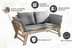 Massivholz Sitzbank MODULAR 155-190cm grau Akazie inkl. Kissen Gartenbank klappbar