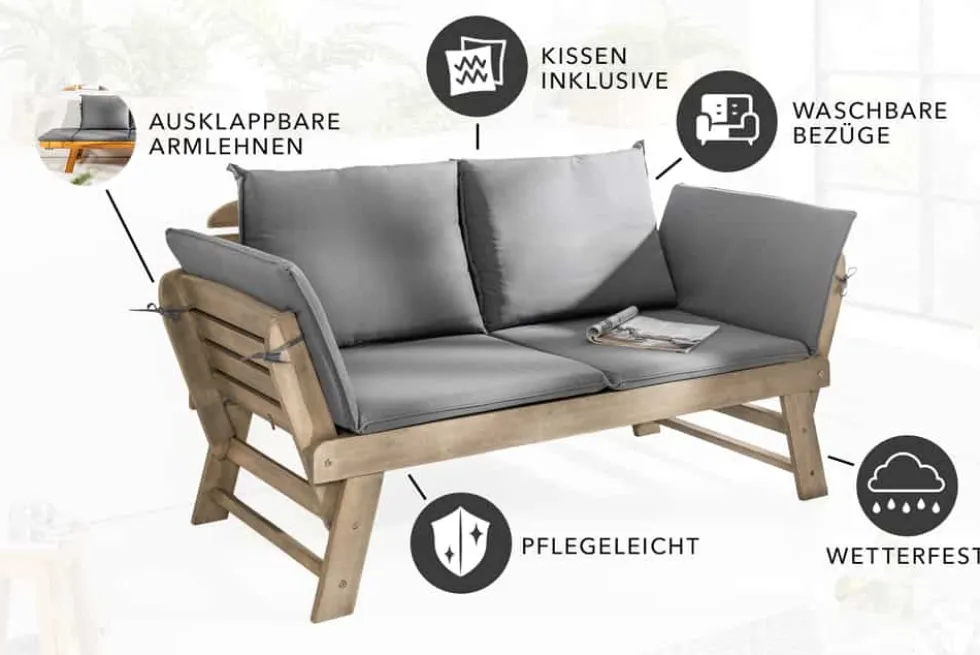 Massivholz Sitzbank MODULAR 155-190cm grau Akazie inkl. Kissen Gartenbank klappbar